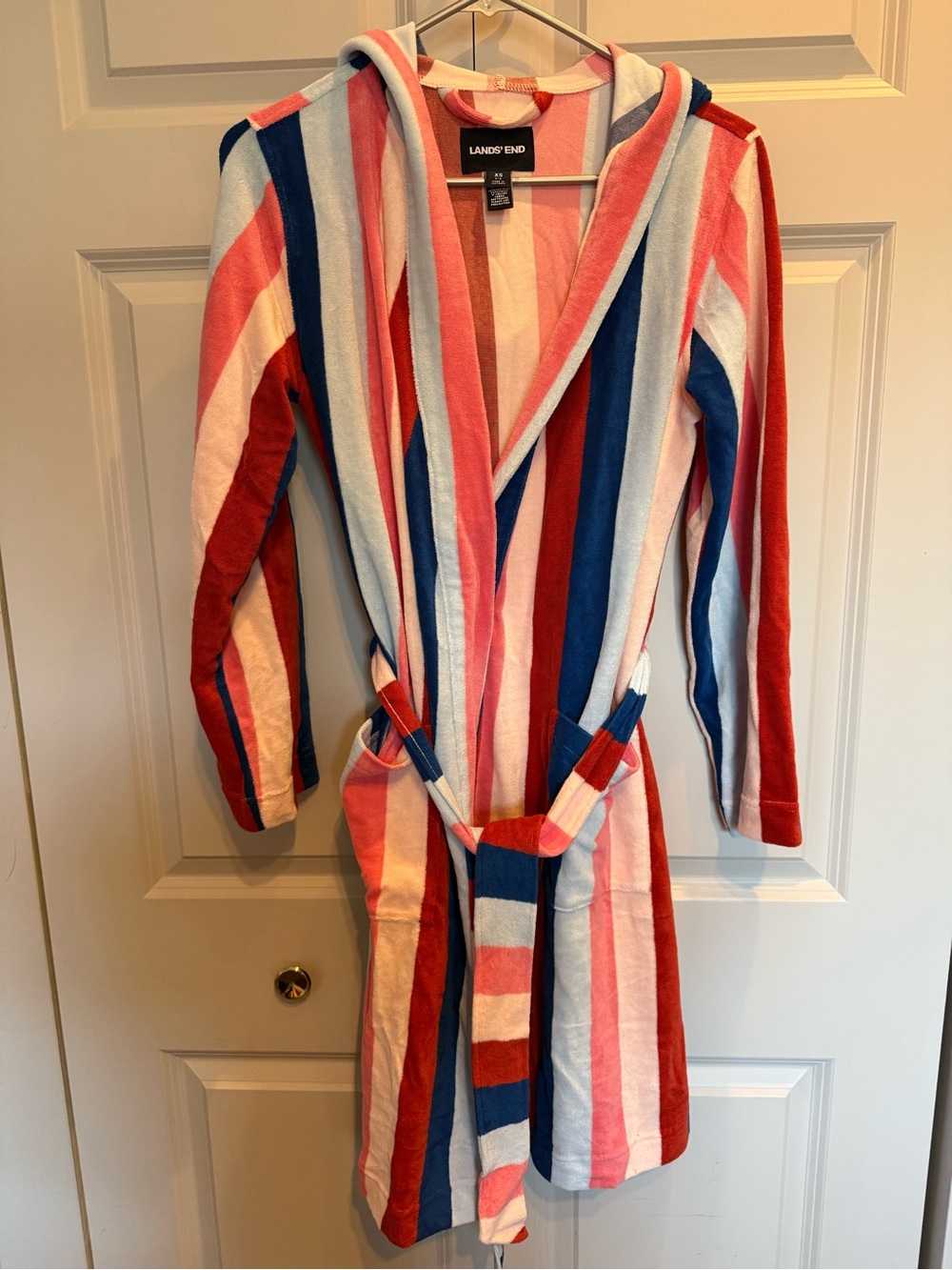 Lands' End Hooded Stripe Terry Robe - XS